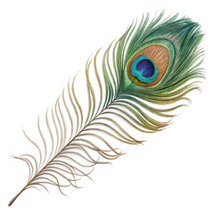 A Single Vibrant Peacock Feather Isolated on Black Background Detailed Closeup