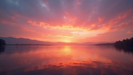 Sunset over a serene lake reflecting the colorful sky and clouds