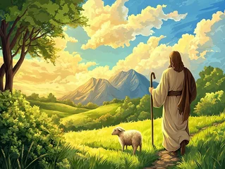  A serene landscape with a figure guiding a sheep through lush, vibrant hills. © InkCrafts