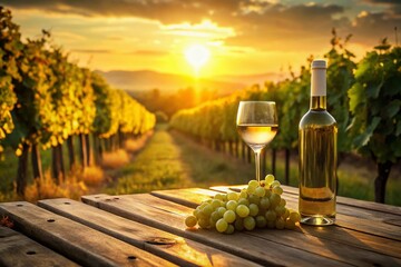 Fototapeta premium Sunset Vineyard Wine Tasting: Glass of White Wine, Bottle & Grapes on Rustic Wood Table