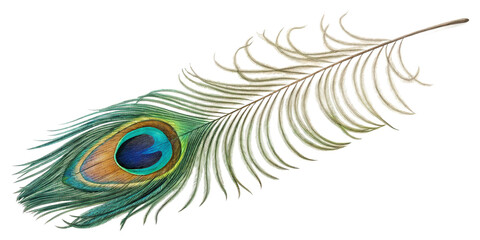 Fototapeta premium A Stunning Closeup of a Single Vibrant Peacock Feather Isolated on Black Background