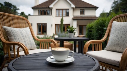 Fototapeta premium cup of coffee on table, comfortable rattan chairs, seating area against the backdrop of the house
