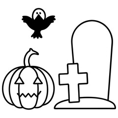 Graveyard scene with pumpkin and crow line art vector illustration