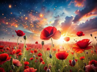 Fototapeta premium Surreal Dreamlike Field of Red Poppies, Vibrant Floral Fantasy Landscape