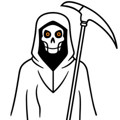 Grim reaper with a scythe and glowing eyes line art vector illustration