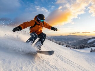 Skilled snowboarder soars off a ramp in the golden glow of sunset amidst majestic snowy mountains