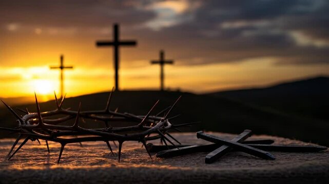 Crown of thorns and nails with three crosses at sunset