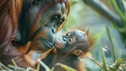 Obraz premium A baby orangutan playing with its mother at the zoo.