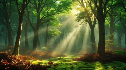 Obraz premium Misty morning sun rays pierce green forest trees