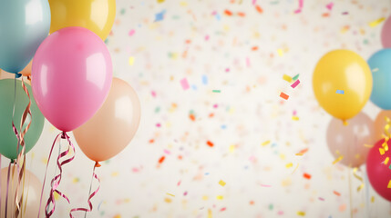 A close-up birthday party background with shiny balloons hovering playfully. Ribbons twist and curl naturally, while scattered confetti sparkles in the air. The textured streamer arrangement in the