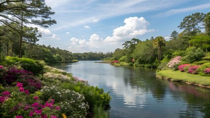 Obraz premium Beautiful nature outdoor water river lake landscape background. Adventure, explore vibe