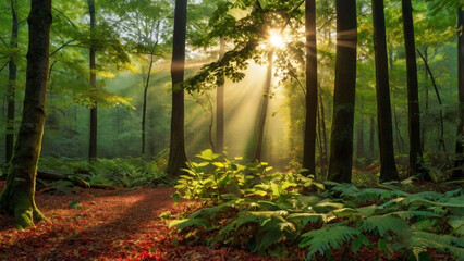 Fototapeta premium Misty morning sunlight filters through green forest trees along an autumn path