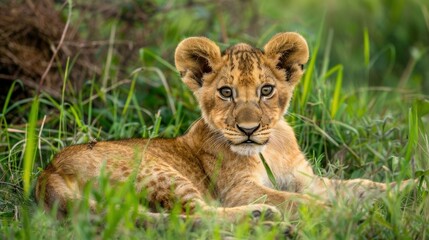 Obraz premium A wild baby lion cub playing in the grass.