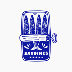 Hand drawn Can of Sardines. Print with vintage illustration for tee, t shirt, canvas, poster.