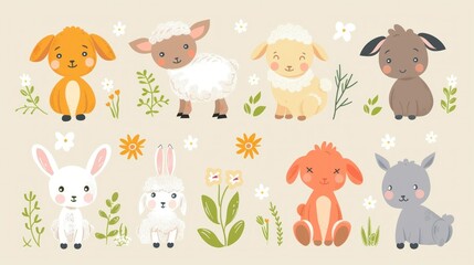 Obraz premium Colorful vector art of baby animals, including a lamb and a bunny.