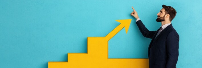 Businessman in Suit Pointing to Yellow Arrow on Blue Wall Representing Growth and Success