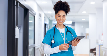 Portrait, happy woman and surgeon on tablet for test results, medical update or appointment booking. Smile, research or doctor with technology for online report, schedule or health app at hospital