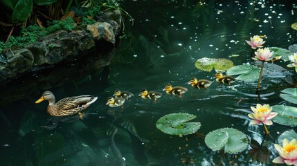 Fototapeta premium A mother duck leading her ducklings across a pond.