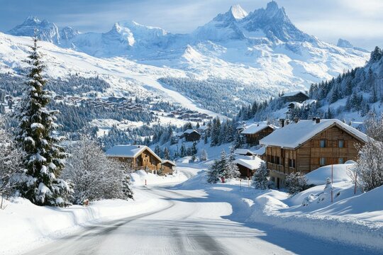 A serene winter landscape with a snow-covered road and a majestic mountain in the distance