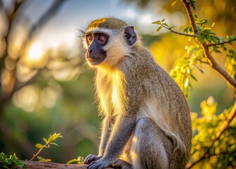 Fototapeta premium Vervet Monkey Silhouette in Tree, Minimalist Wildlife Photography