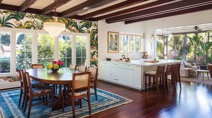 Fototapeta premium Tropical dining room, hardwood floors, open kitchen, garden view, home decor