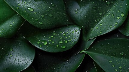 Obraz premium Close-up of lush, dark green leaves, covered in water droplets