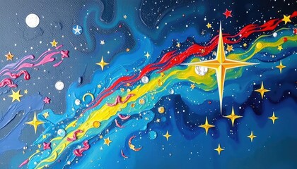 Colorful cosmic landscape. Sparkling celestial bodies in motion