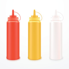 Realistic Bottles of Ketchup, Mustard, and Mayonnaise. Vector