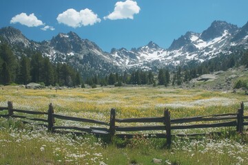 A rustic wooden fence surrounded by colorful wildflowers, set against a backdrop of majestic mountains