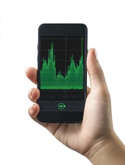 Smartphone displaying green data graph held by a person, isolated in white background