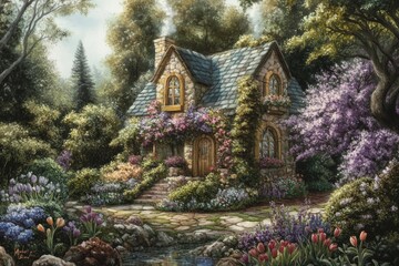 Obraz premium A painting of a cozy house surrounded by a lush green garden
