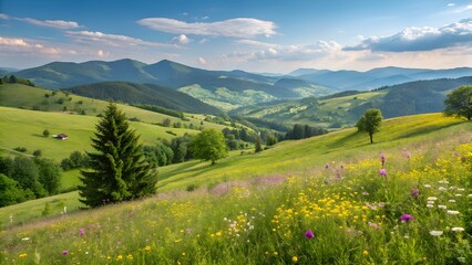 Obraz premium Idyllic mountain landscape with fresh green meadows and blooming wildflowers. Idyllic nature countryside view, rural outdoor natural view. idyllic banner nature, panoramic spring summer scenery