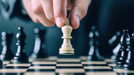 A focused hand moves a white king piece in a chess game, surrounded by black pieces on a checkered board.