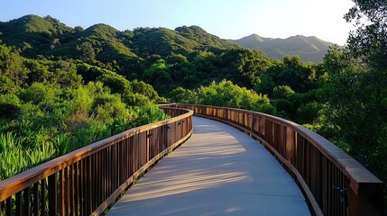 Serene Nature Walkway Wooden Bridge Path Through Lush Green Hills Landscape