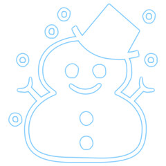 Vector illustration of stylized snowman, white outline on light transparent background, top hat, circular snowflakes, modern design, symbol of winter and Christmas, isolated graphics, vector f