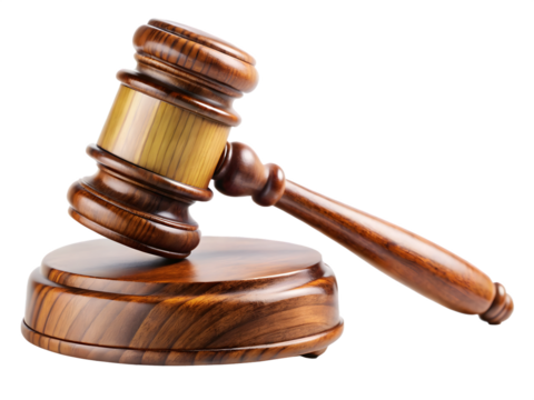 Wooden gavel isolated on a transparent background symbolizing justice and law