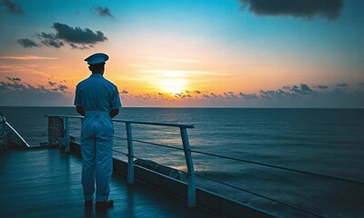 Sailor on the ship deck gazing over the vast ocean on Seafarer’s Day captured in close-up shot made with Generative AI technology