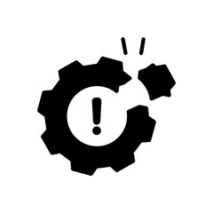 Warning icon, broken operational process, gear symbol with exclamation mark, troubleshoot filled, repair or maintenance symbol