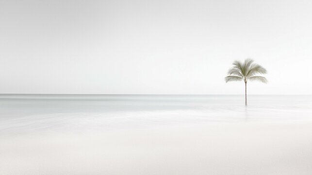 Fototapeta Black and white photograph of a single palm tree on a beach. the palm tree is standing alone in the middle of the ocean, with its trunk and leaves facing towards the right side of the image.