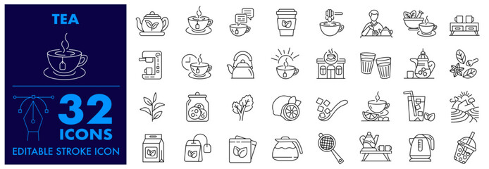 Tea icon vector set. teapot, teacup, green tea, cultivation, tea set, kettle, teaspoon, machine, disposable cup, leaf and more. Editable Stroke. Vector illustration