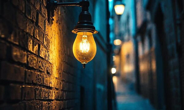 Single flickering lamppost light illuminating dark urban street with warm glow during Earth Hour made with Generative AI technology
