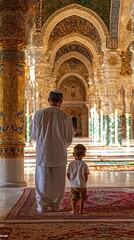 Father and son standing together facing toward the mosque interior