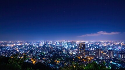 Fototapeta premium Stunning Night View of a City Skyline Illuminated Under a Starry Night Sky