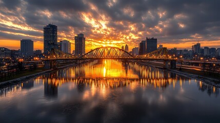 Fototapeta premium Stunning sunset cityscape view featuring a bridge reflecting on calm waters with city skyscrapers