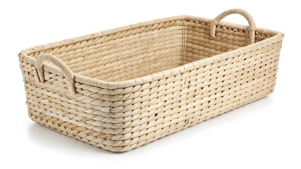 Obraz premium Handwoven Rattan Basket with a Minimalist Design, Isolated on a White Background, ideal for boho and minimalist home decor, Clean and Modern Natural Home Decor Stock Image