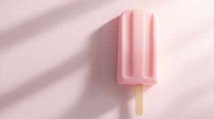 Flat lay of a pink popsicle on a light pink background. the popsicle is in the center of the image and is positioned in a way that it is facing towards the right side of the frame.