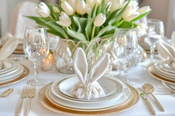 Table setting for formal dinner with white plates and silverware, suitable for upscale events or special occasions
