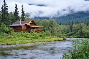 Fototapeta premium A log cabin situated on the bank of a river, perfect for a serene getaway