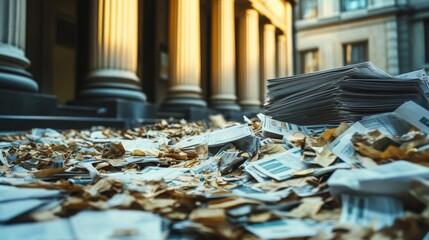 
Coins, Banknotes, Financial Documents Lying Near Government Finance Department or Tax Office Column Building. Public Finance Audit Concept. Flat Isometric Vector Illustration.