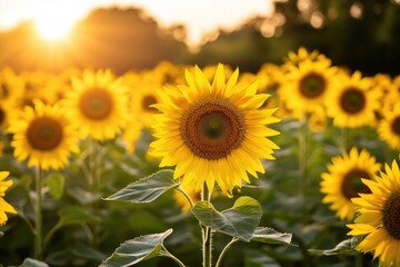 Obraz premium Field of tall sunflowers at sunset, ideal for nature, travel or landscape photography